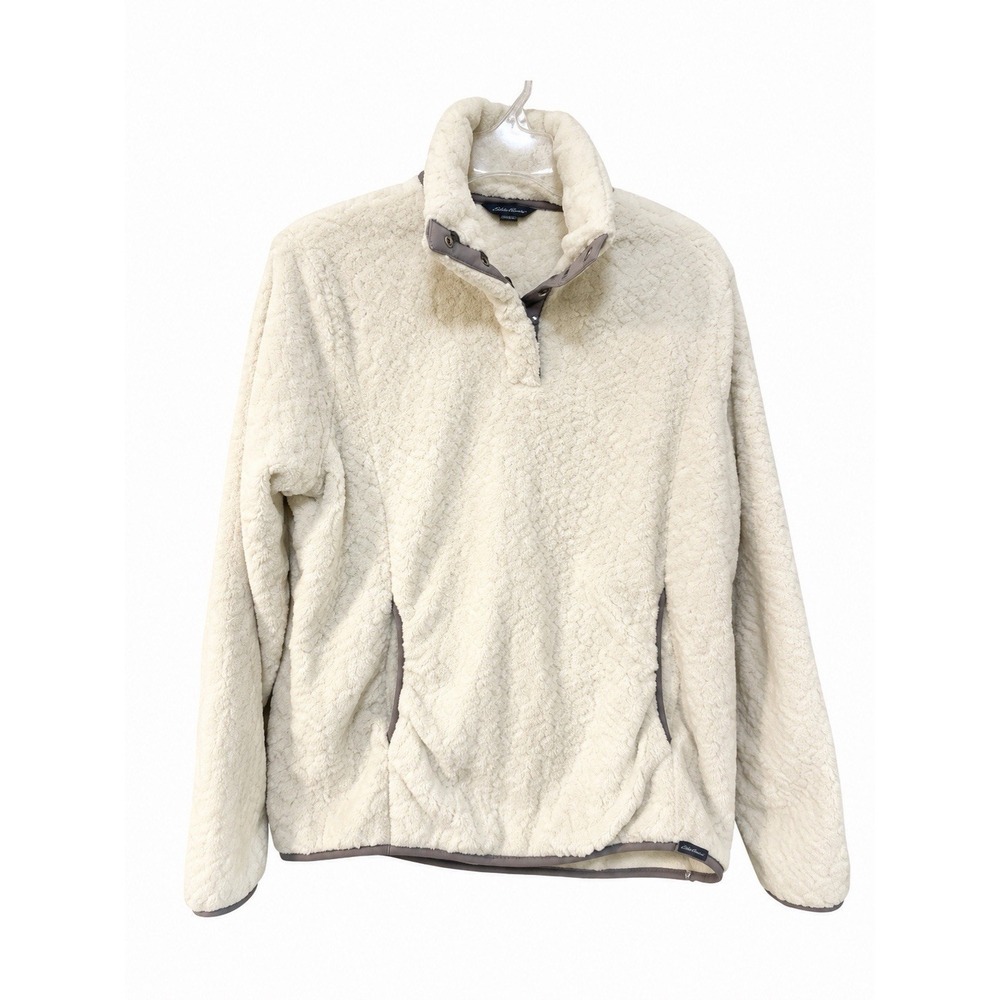 Eddie Bauer Womens L Ivory Sherpa Fleece Pullover Snap Mock Neck Cozy Textured